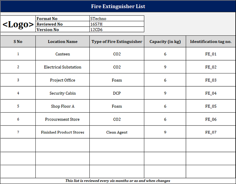 Fire Extinguisher List Template (Excel) | Inspection & Maintenance Log ...