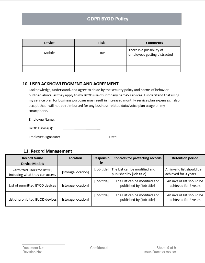 GDPR Byod Policy Template