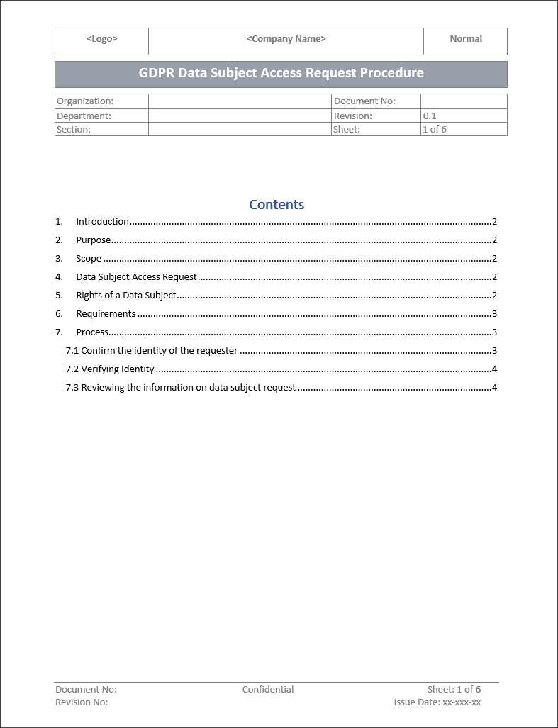 GDPR Data Subject Access Request Procedure Template