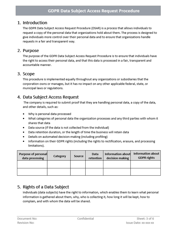 GDPR Data Subject Access Request Procedure Template