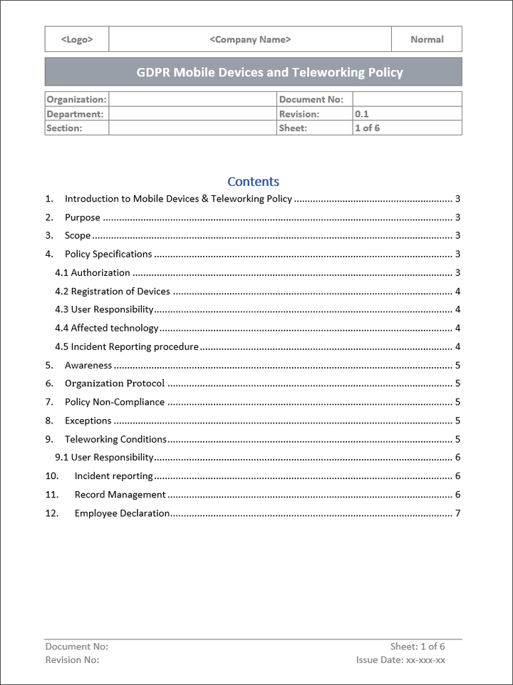 GDPR Mobile Devices and Teleworking Policy Template