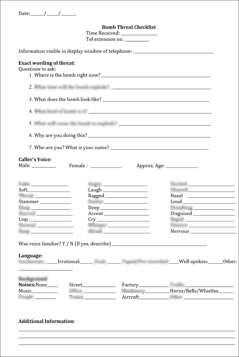 Bomb Threat Checklist Template