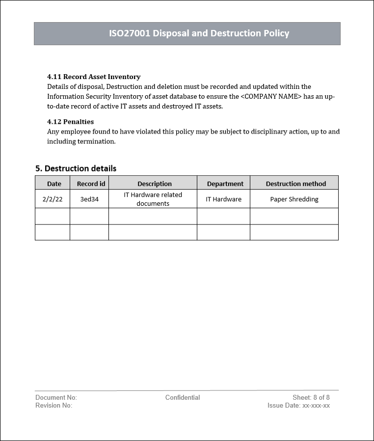 Disposal and destruction policy