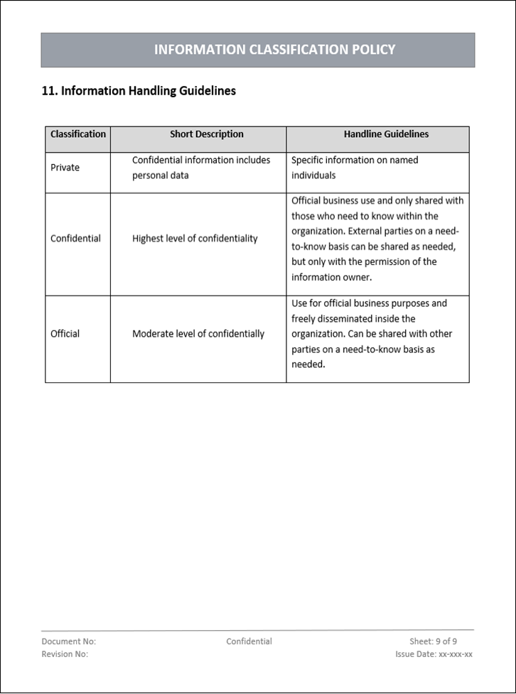 Information classification policy, Information handling guidelines