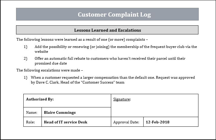 Customer Complaint Log Template
