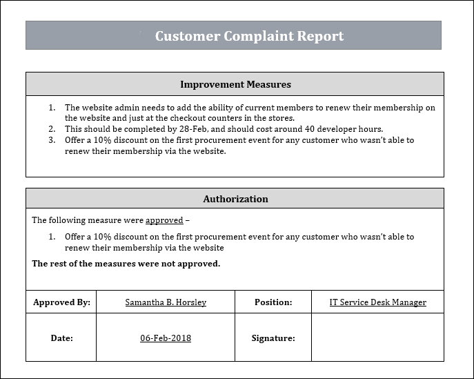 customer Complaint Report template