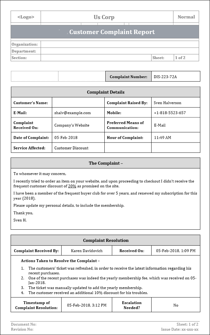 customer Complaint Report template – ISO Templates and Documents Download