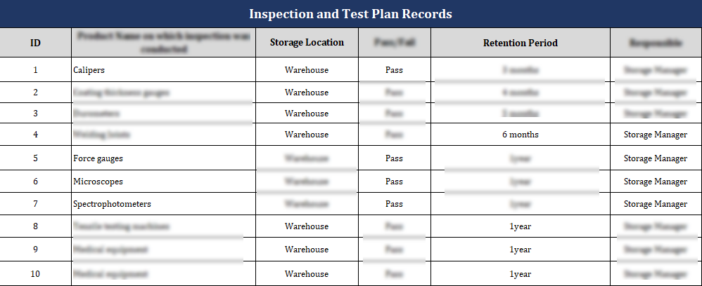 ISO 9001:QMS Inspection and Test Plan Records Template