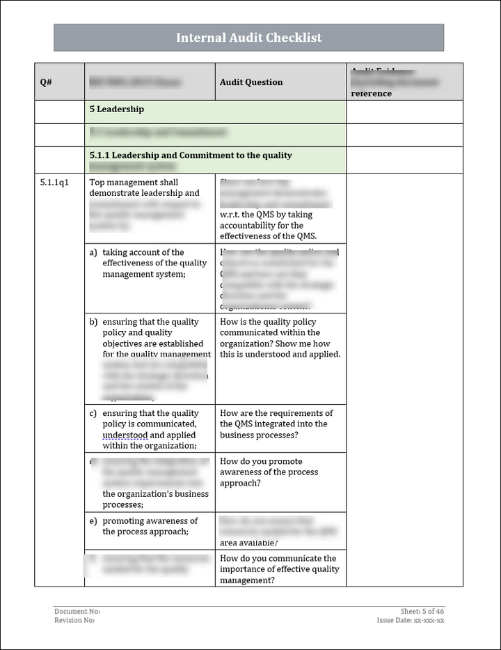 ISO 9001: QMS Internal Audit Checklist (Word)