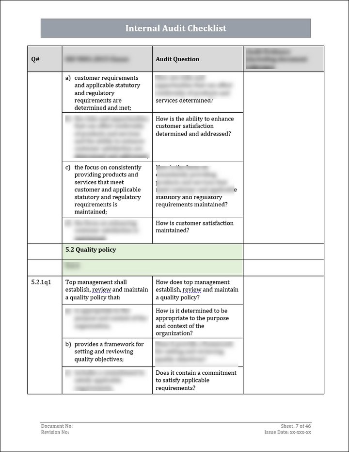 ISO 9001: QMS Internal Audit Checklist (Word)