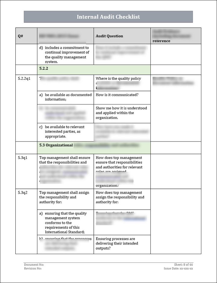 ISO 9001: QMS Internal Audit Checklist (Word)