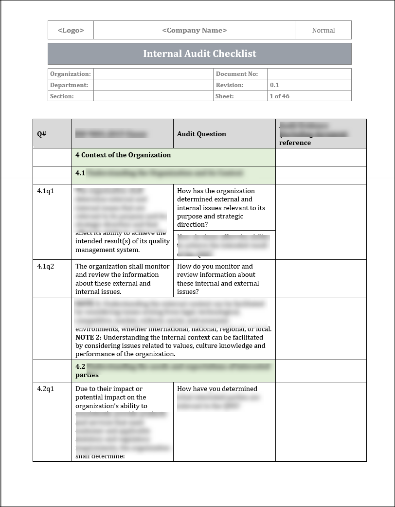 ISO 9001: QMS Internal Audit Checklist (Word) – ISO Templates and ...