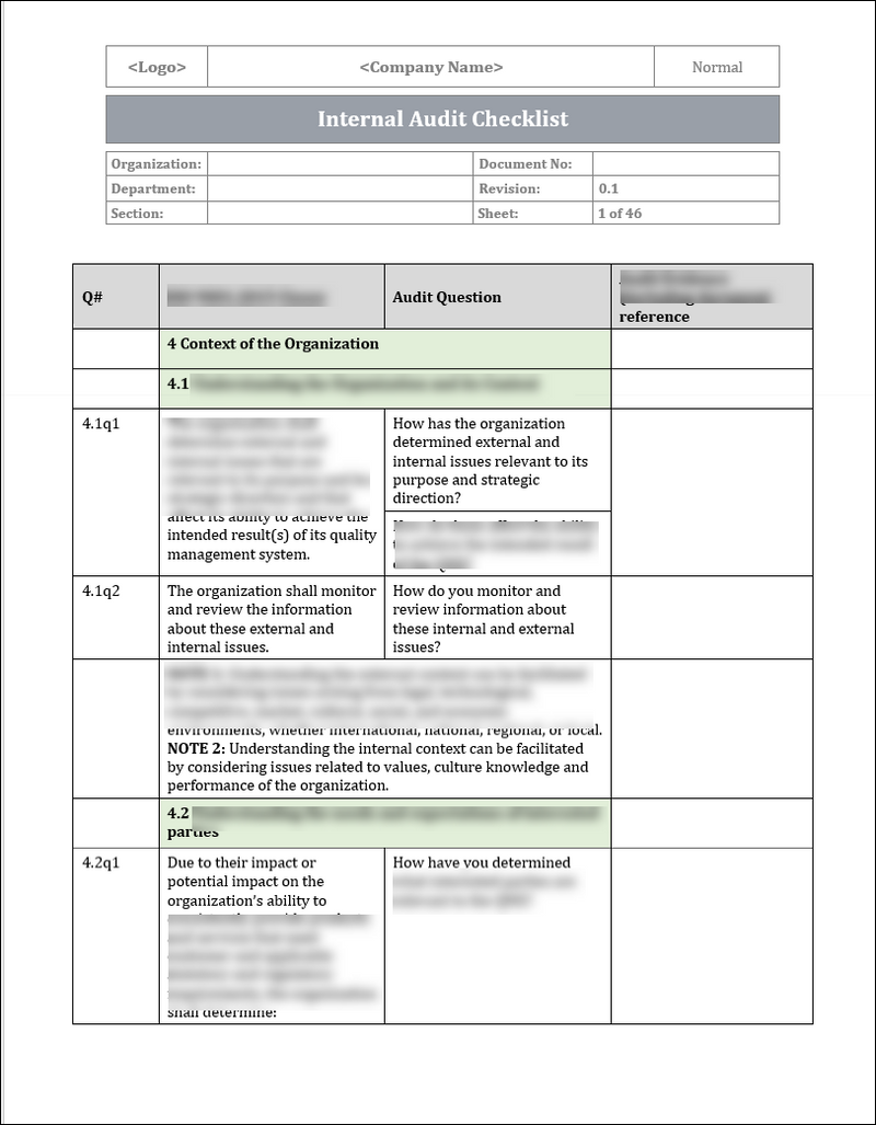 ISO 9001 QMS Internal Audit Checklist (Word) ISO Templates and