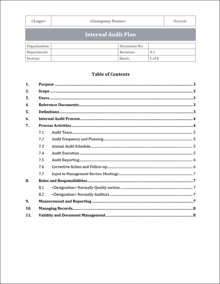 ISO 9001: QMS Internal Audit Plan