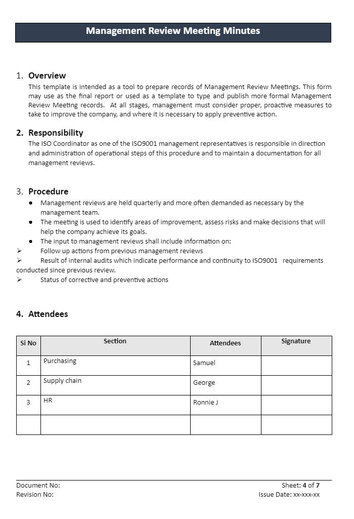 Management Review Meeting Minutes Attendes