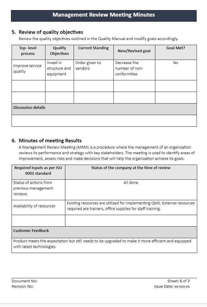 Management Review Meeting Minutes Results