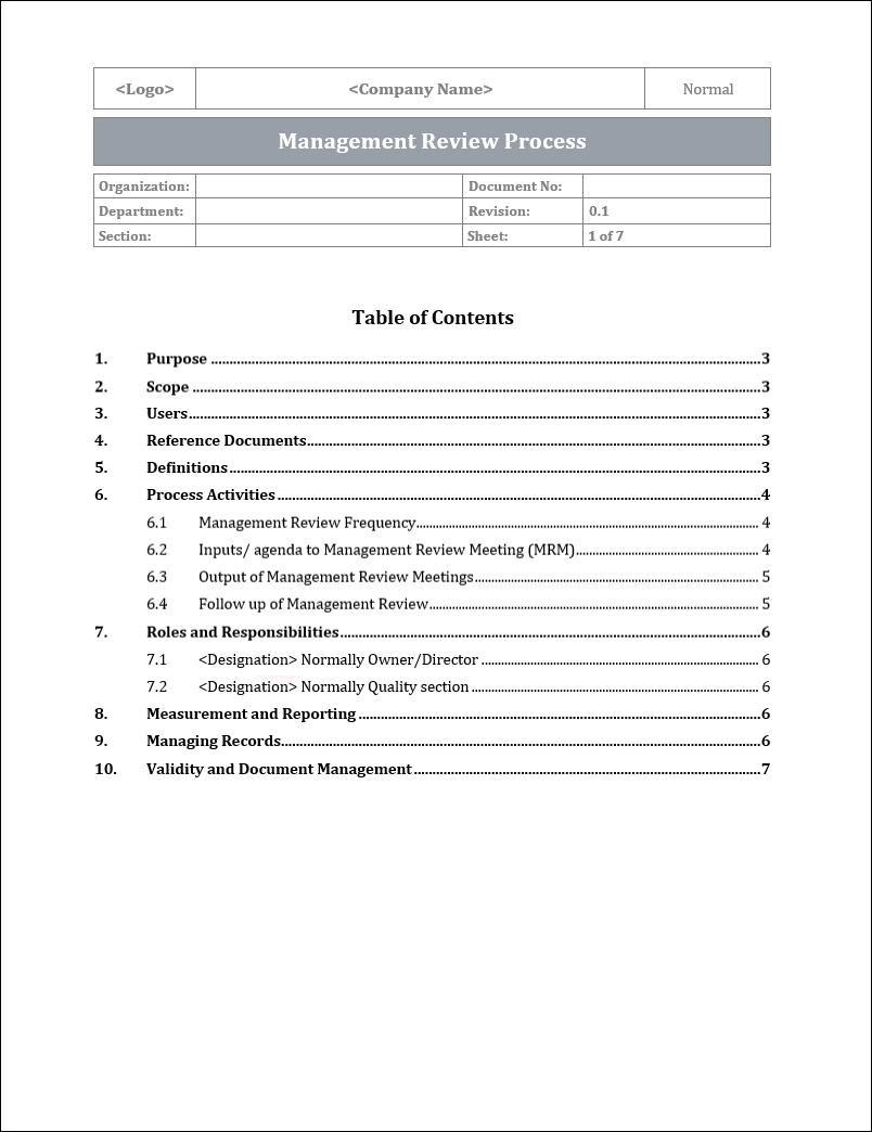 ISO 9001:QMS Management Review Process Template