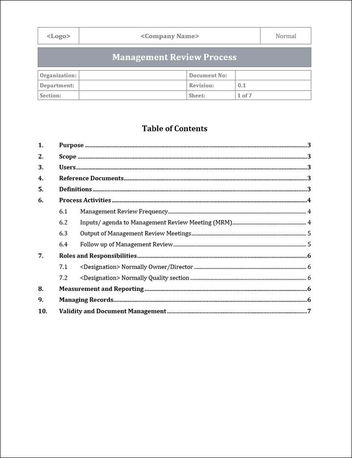 ISO 9001:QMS Management Review Process Template