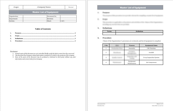 IMS Master List of Equipment's Template | Editable Word Format – ISO ...
