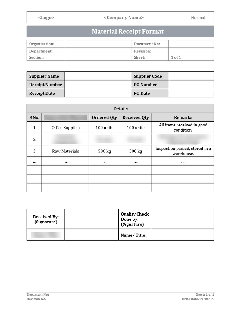 Material Receipt Format Template | Editable word format | IMS – ISO ...
