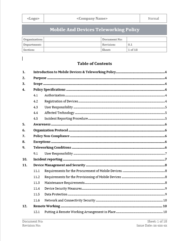 Mobile Device And Teleworking Policy Template - ISO 27001