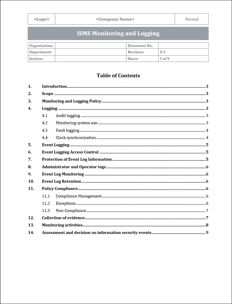 ISO 27001:2022 - Monitoring and Logging Policy Template