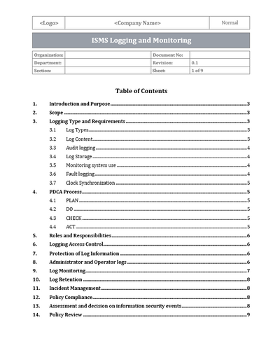 ISO 27001 - Monitoring and Logging Policy Template