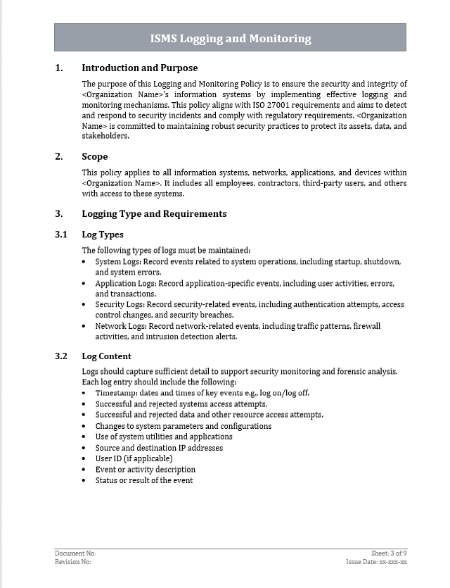 ISO 27001 Monitoring and Logging Policy Template ISO Templates and ISO 27001 Monitoring and Logging Policy Template ISO Templates and