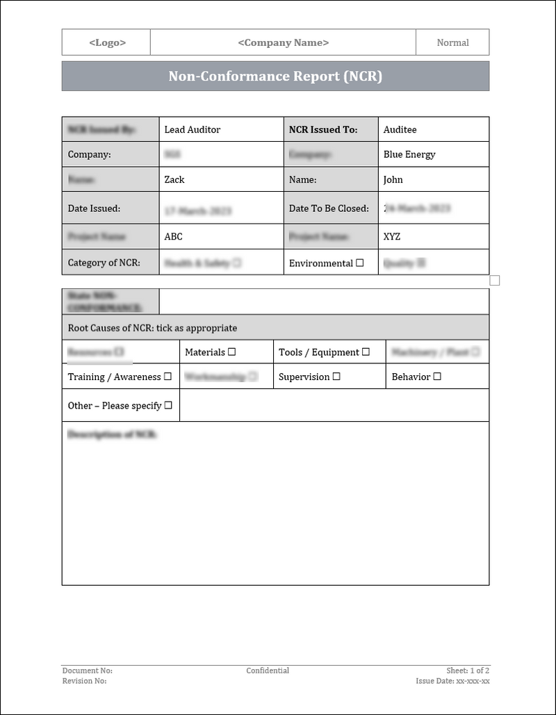 ISO 9001:QMS Non-Conformance Report  Template