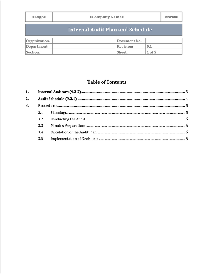 ISO 45001 Internal Audit Plan and Schedule Template