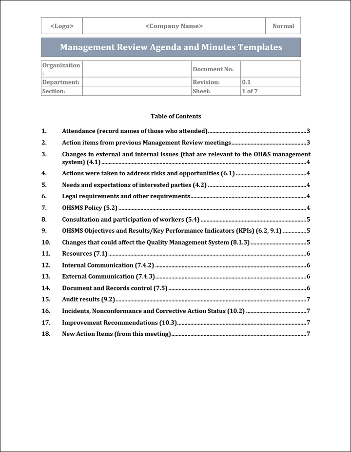 ISO 45001 Management Review Agenda and Minutes Template