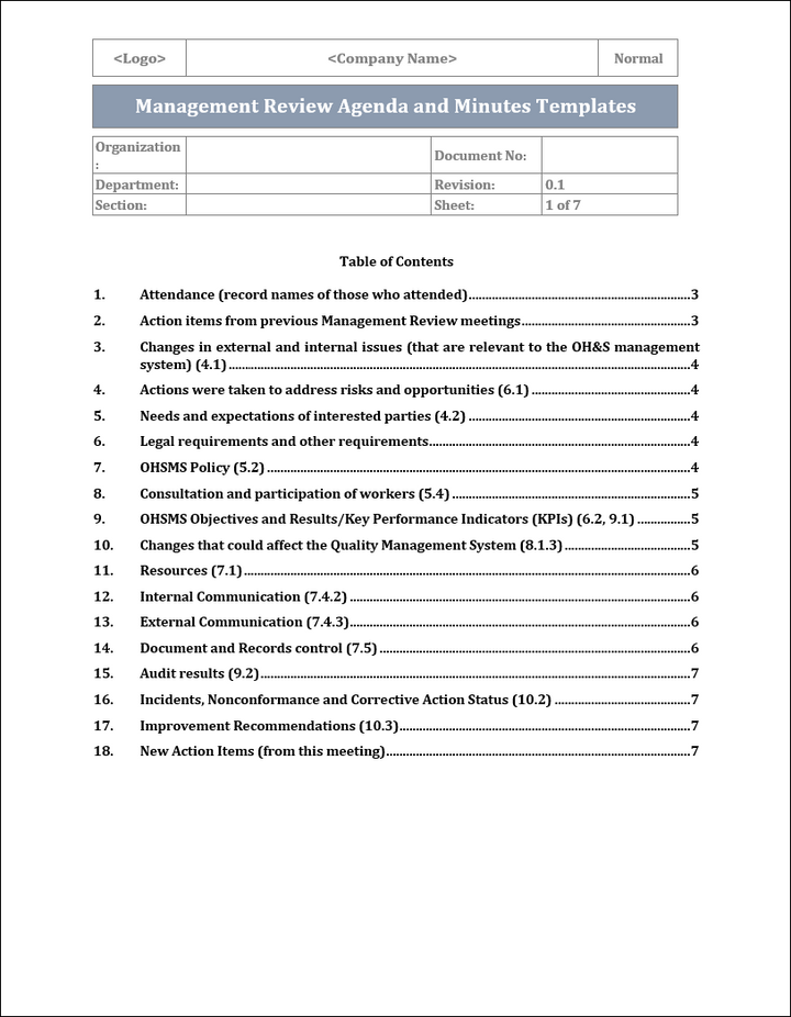 TPM600帳票マニュアル―12ステップの実例フォーマット ISO 45001 Management Review Agenda and Minutes Template – ISO