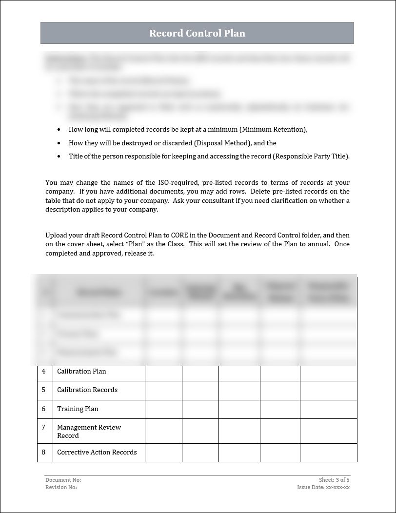 ISO 45001 Record Control Plan Template