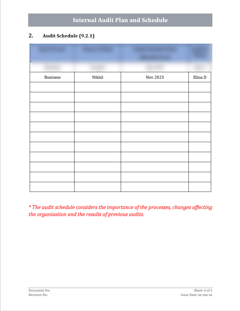 ISO 45001 Internal Audit Plan and Schedule Template