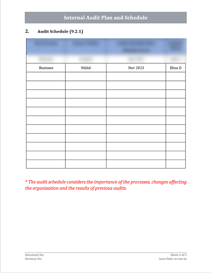 ISO 45001 Internal Audit Plan and Schedule Template