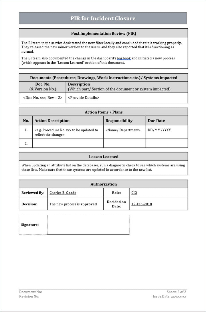 PIR for incident closure, incident closure