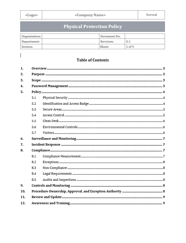 ISO 27001 - Physical Protection Policy Template