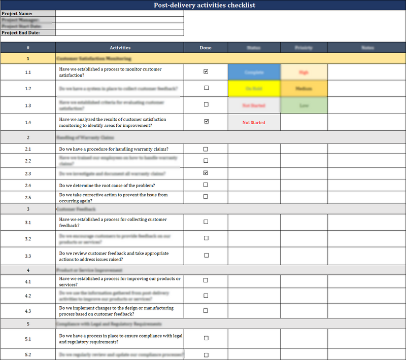 ISO 9001: QMS Post-Delivery Activities Checklist Template