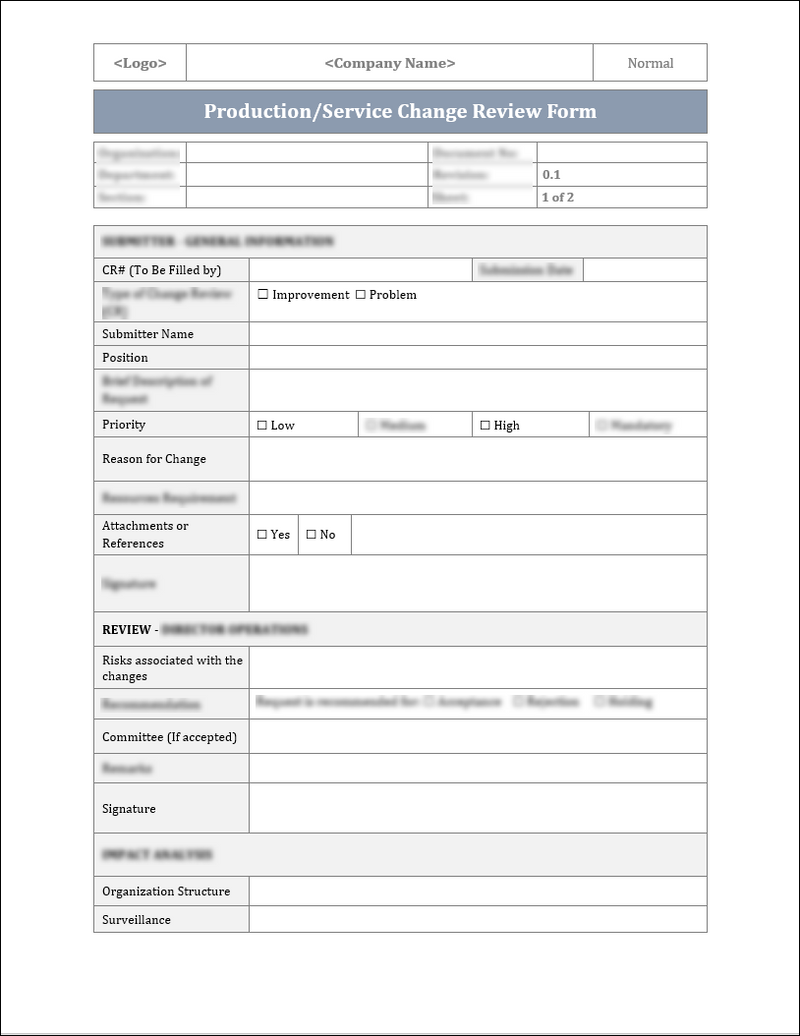 ISO 9001:QMS Production/Service Change Review Form Template