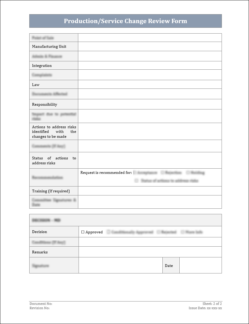 ISO 9001:QMS Production/Service Change Review Form Template