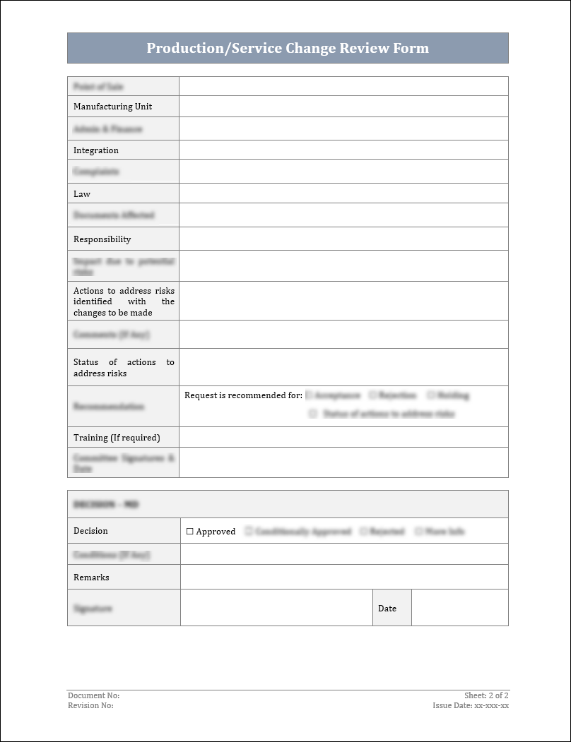 Service Change Sample Table ISO 9001:QMS Production/Service Change Review Form Template – ISO ...