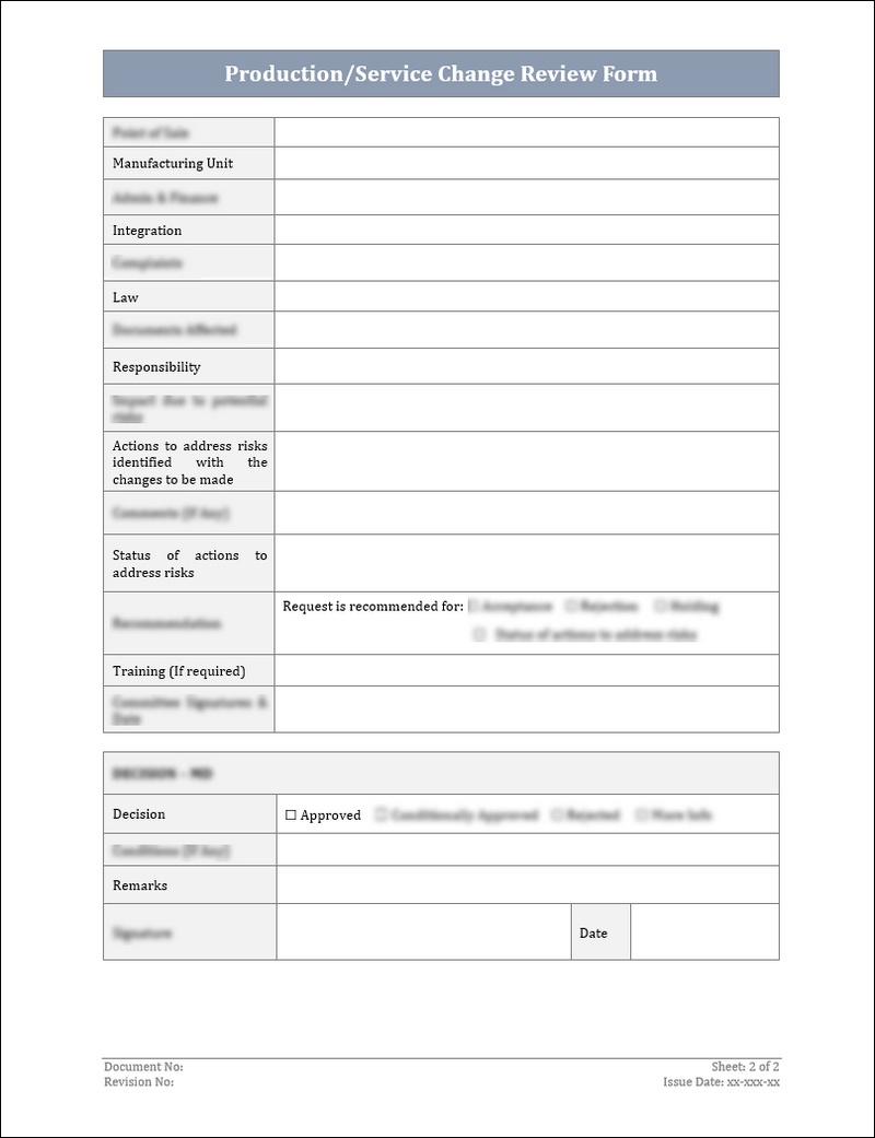 ISO 9001:QMS Production/Service Change Review Form Template