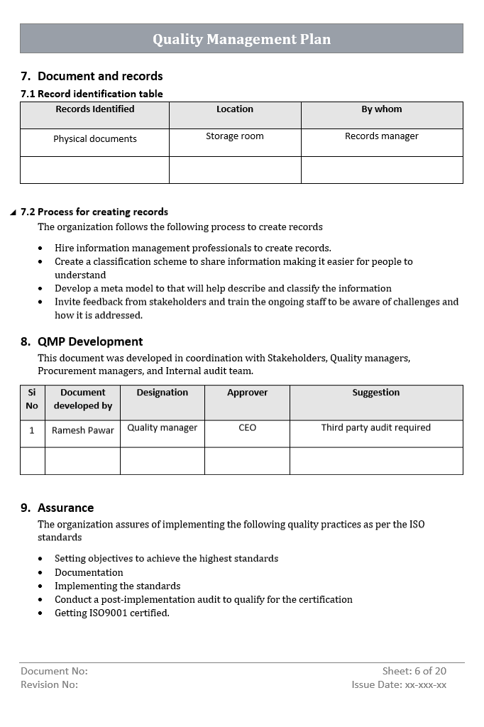 Quality Management Plan Assurance