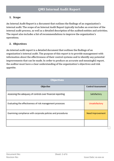 QMS Internal Audit Report Objectives