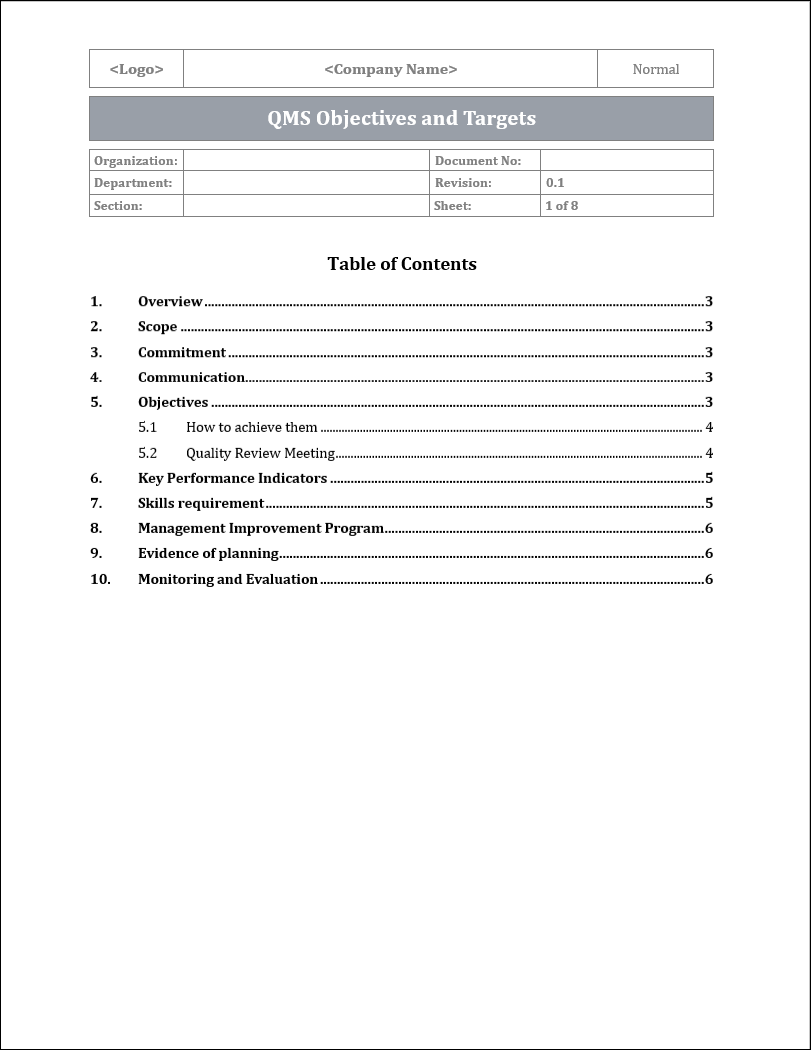 ISO 9001:QMS Objectives and Targets Template – ISO Templates and ...