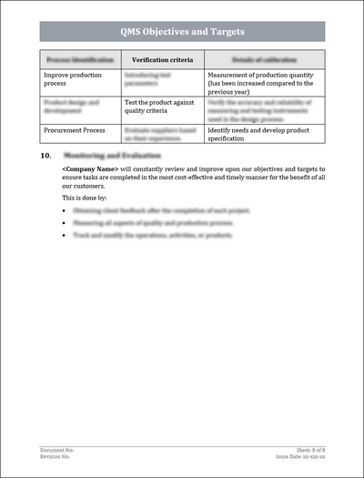 ISO 9001:QMS Objectives and Targets Template