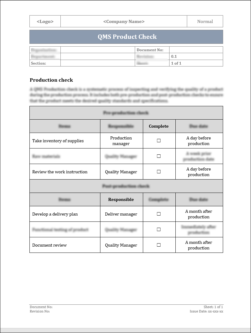 ISO 9001:QMS Product Check Template