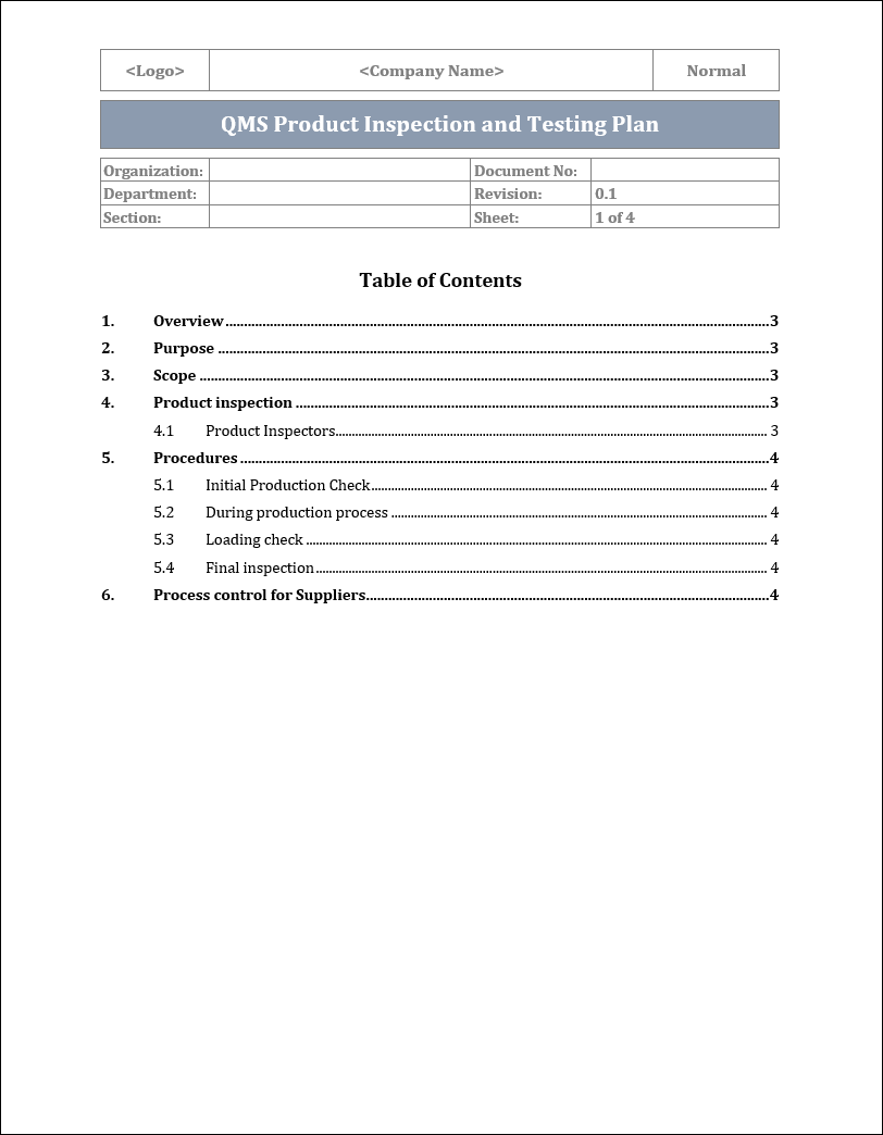 ISO 9001: QMS Product Inspection and Testing Plan Template