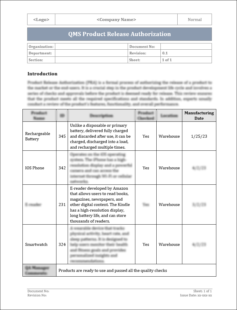 ISO 9001: QMS Product Release Authorization Template – ISO Templates ...
