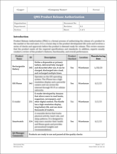 ISO 9001: QMS Product Release Authorization Template